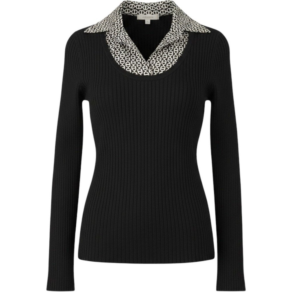 Tory Burch Black Ribbed Sweater Layered Geometric Collar Top M